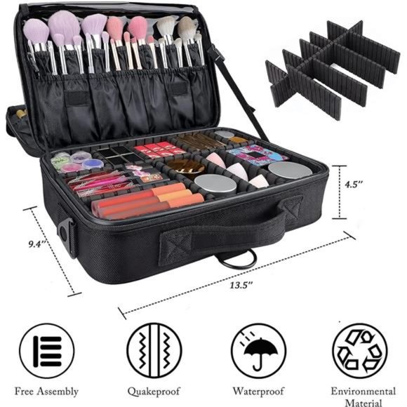 Makeup Case 3 Layers Travel Makeup Train Case Bag Organizer Portable（Black, M） - Picture 4 of 6